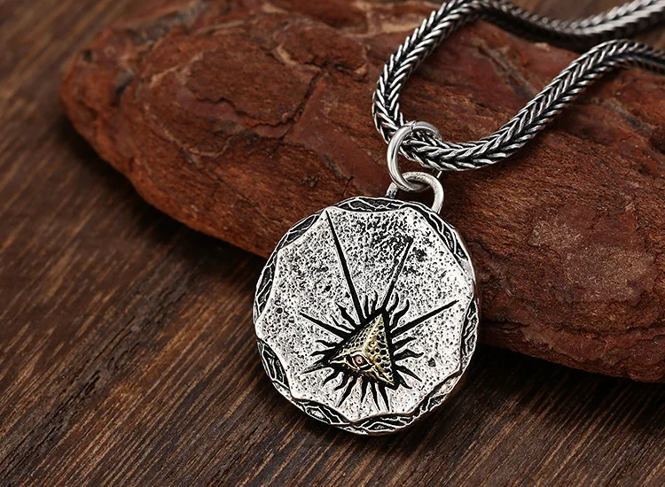 Indian Pure Silver Pyramid Eye of Knowledge Pendant, Hanging Tag, Necklace, Trendy, Simple Retro Thai Silver Jewelry