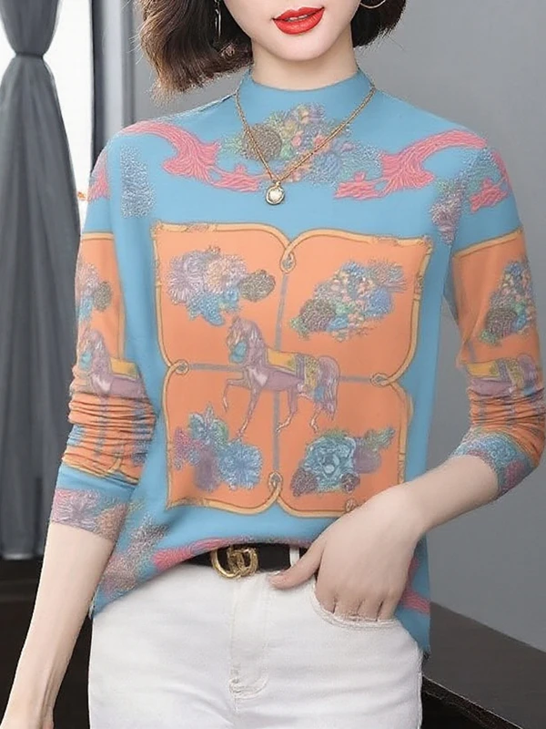 

Elegant Thickened Fleece Long Sleeve Turtleneck Print Slimming Mom Clothes Top for Middle-Aged Women Floral Patterned Polyest...