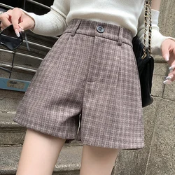 Short feminino elástico de cintura alta, short xadrez de lã, short casual solto, moda coreana, zíper de bolso, outono inverno