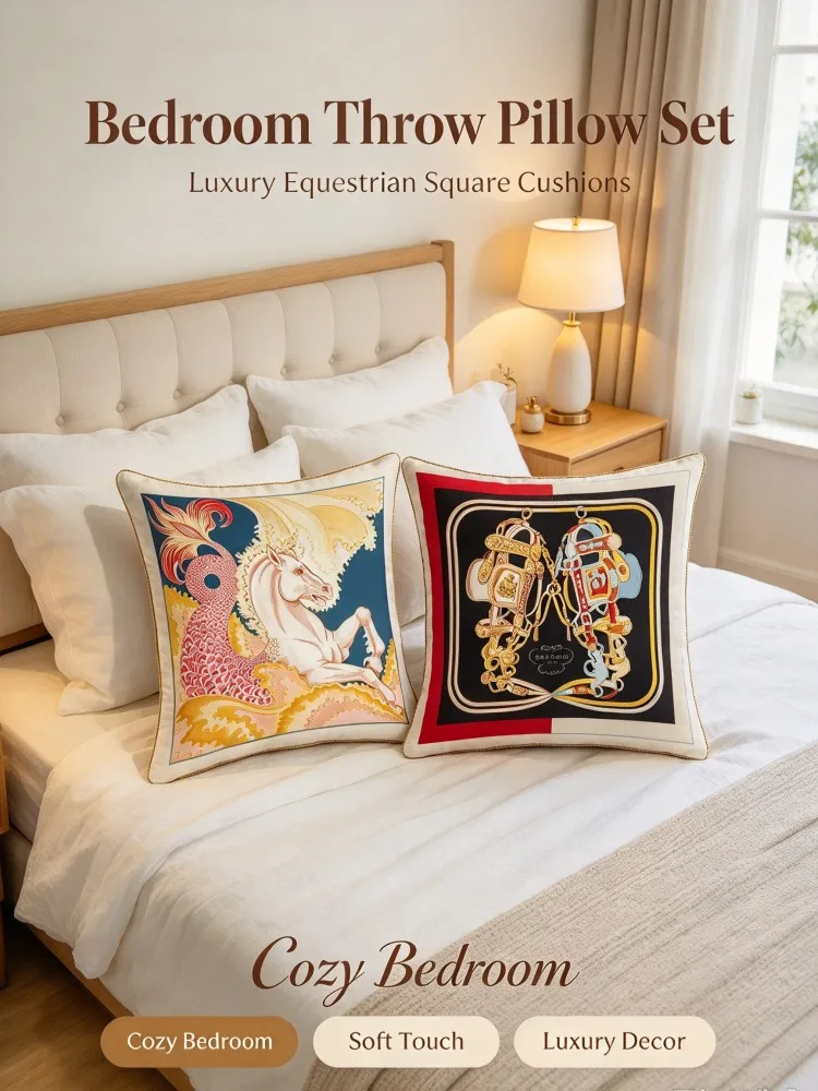 **Luxury Equestrian Pillow Set, Horse Print Square Cushions, Soft Fabric Throw Pillows for Sofa Bedroom Window Seat Patio Car Ho