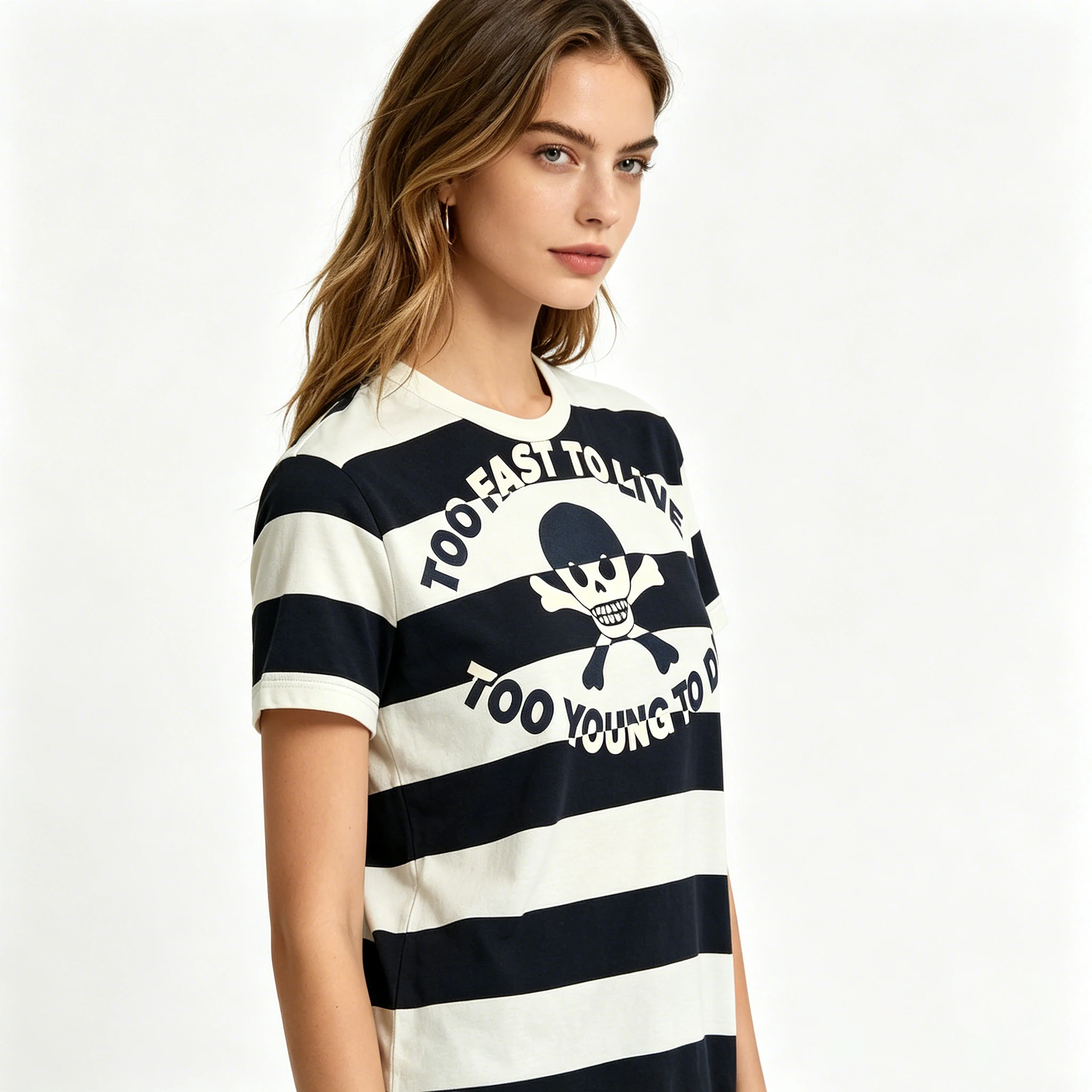 Unisex Personalized cartoon Pirate Skull Print Striped Round Neck Casual Summer 2026 New Item