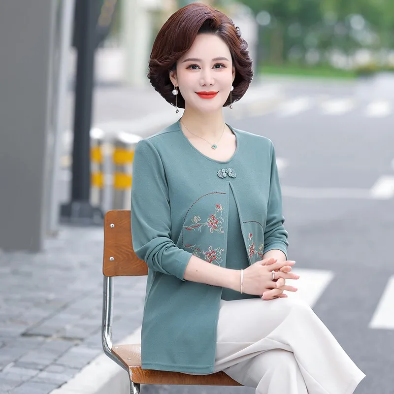 Elegant Fake Two Pieces Tunic Blouse Top Middle Aged Women Spring Autumn Blouses New Fashion embroidery Long Sleeve Loose Shirts