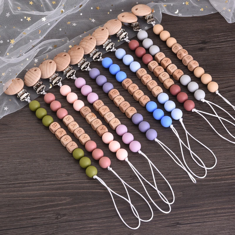 

Personalized Name Wood Baby Pacifier Clip Silicone Round Beads Nipple Chain Teether Infant Dummy Holder Chain Baby Nursing Toy