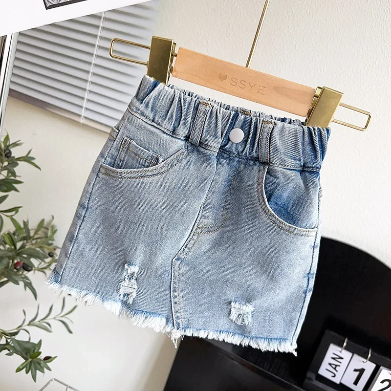 baby girls jeans skirt Korean ripped holes distressed denim A-line skirts skort toddler kids clothes vintage 2 to 10 years