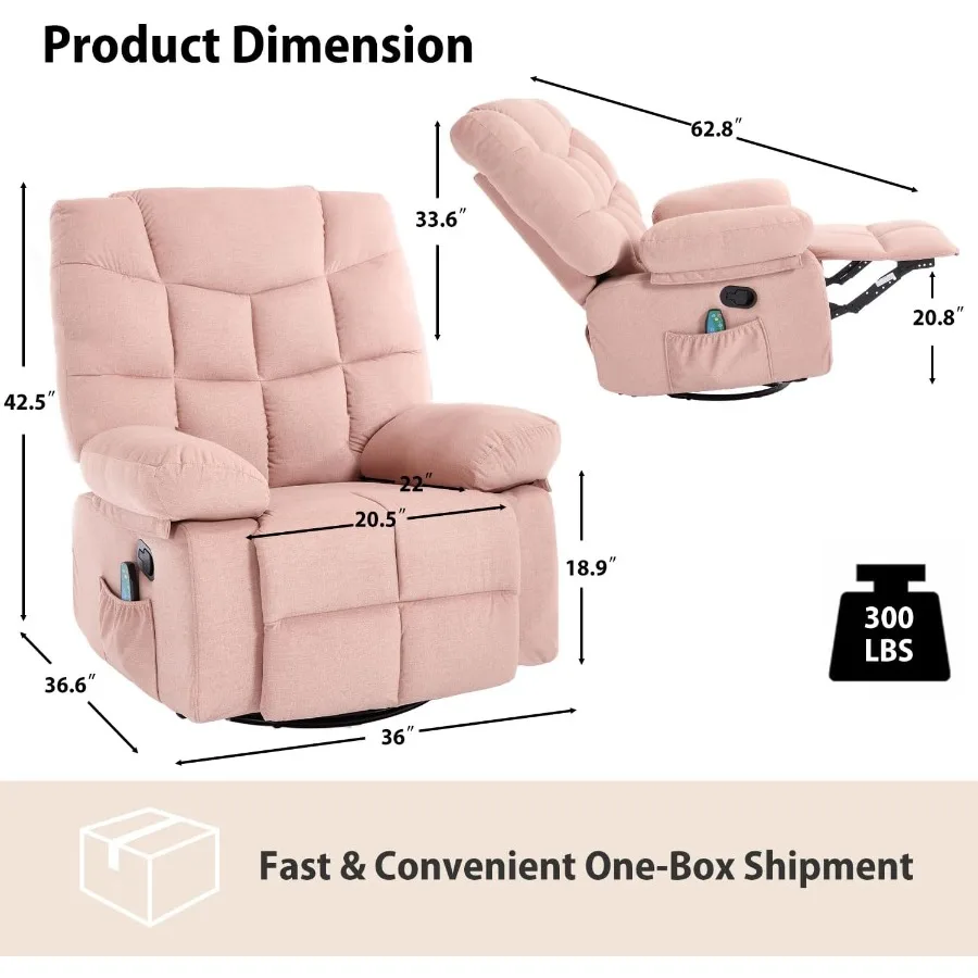 Nursery Rocker Glider Chair For Relaxation And Feeding, Polyester Fabric, Pink, Oversized Swivel Rocking Recliner With Smooth M