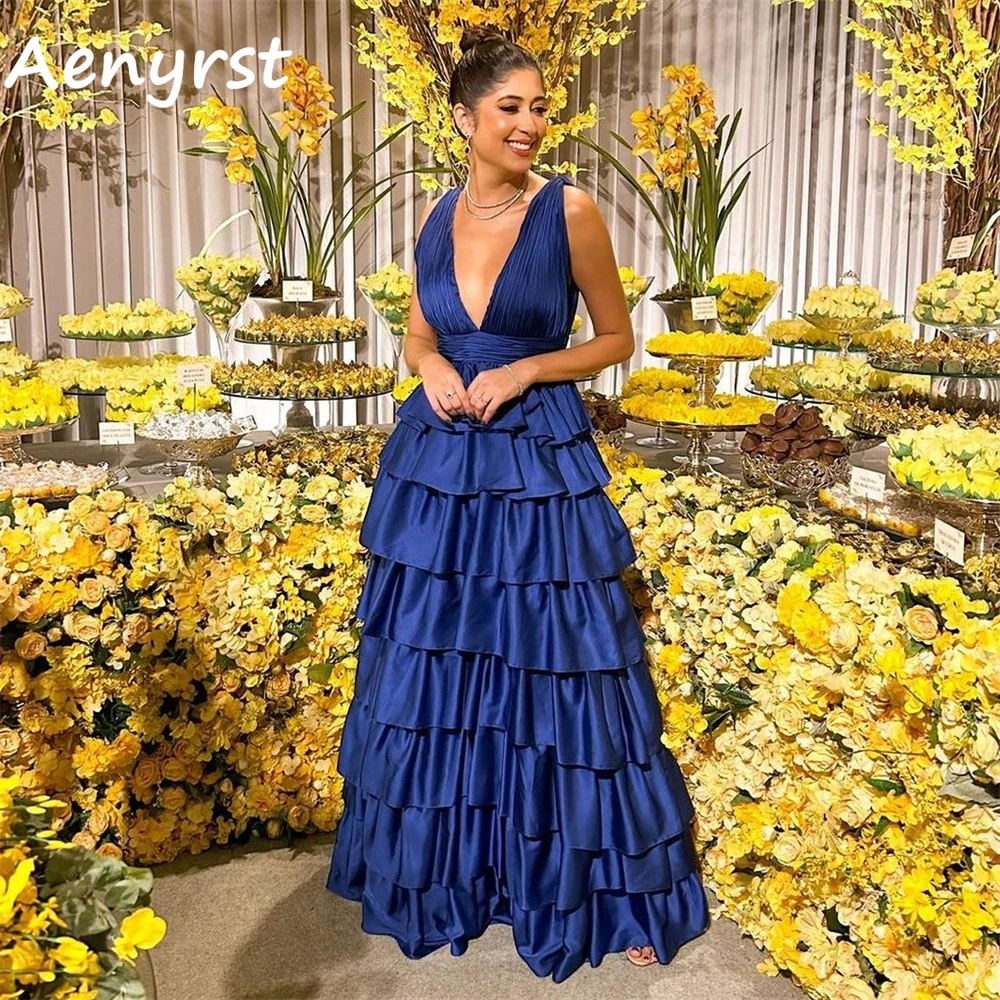 Aenyrst Deep V Neck Spaghetti Strap Evening Dresses Satin A Line Tiered Prom Gowns Floor Length Dinner Party Dress فساتين السهرة