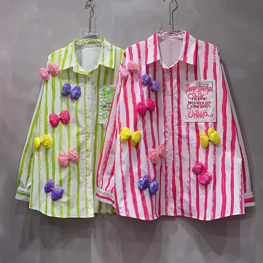 

Colorblock Stripes Female Blouses New Spring Summer Cute Bow Single-breasted Loose Cardigans Top Age Reduction Long Sleeve Shirt