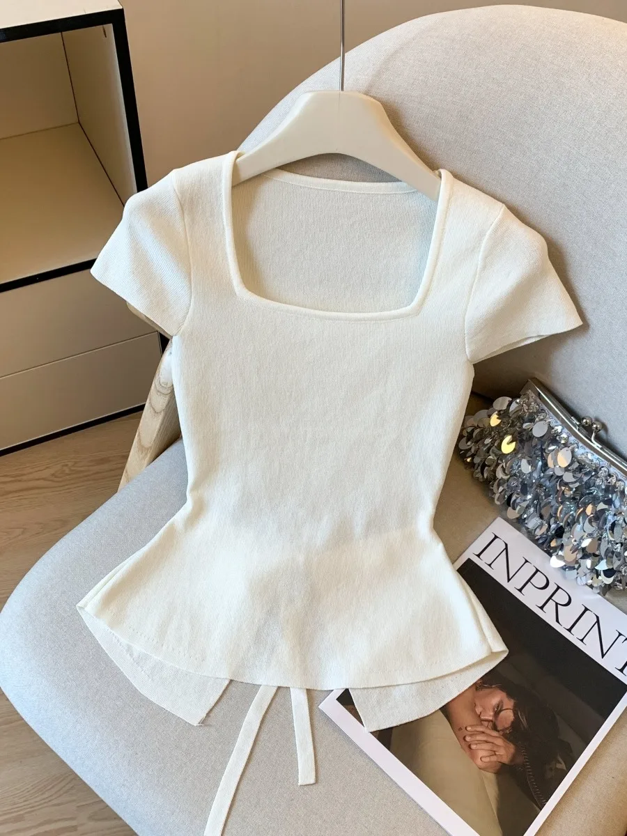 

Sweet And Spicy Hollow out Back Ice Silk Knitted Top Women's Summer New Style Small Size Versatile Square Collar T-Shirt