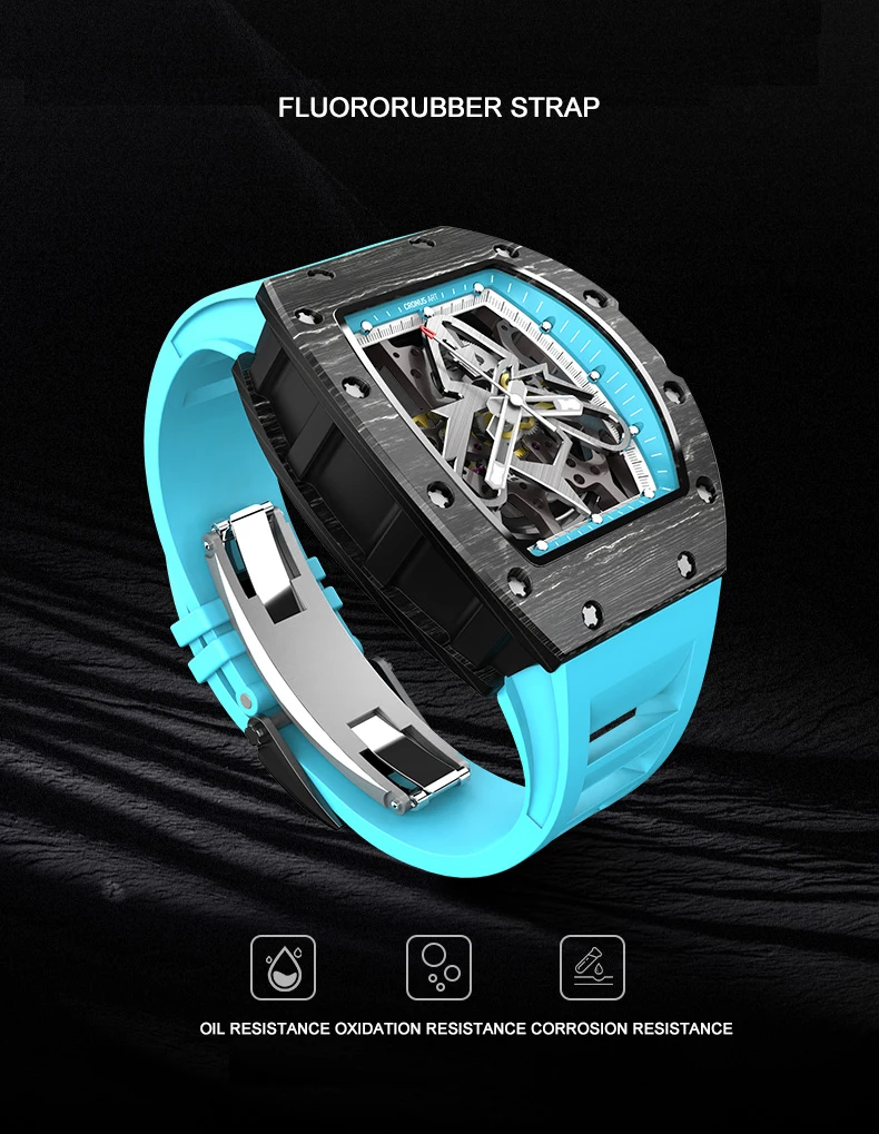 CRONUSART Orologio automatico da uomo 50mm Tonneau Orologio da polso meccanico NTPT Fibra di carbonio Luminoso cinturino in gomma fluorurata Quadrante scheletrato