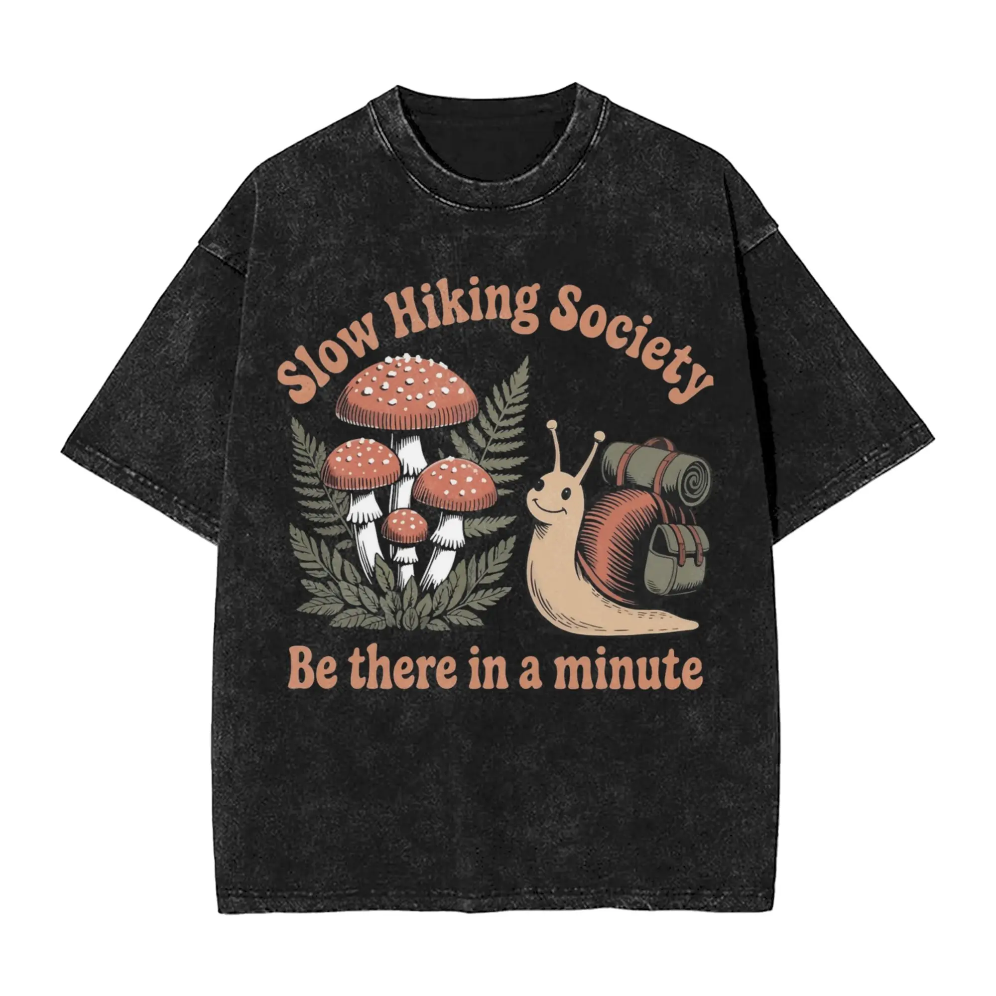 Washed T Shirt Slow Hikers Society Be There in A Minute Hip Hop T-Shirt Harajuku Snail Hiking Streetwear Tops Tees for Men Women
