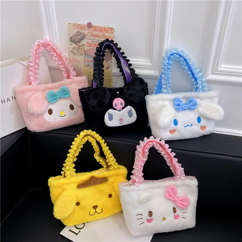 Hello Kitty Plush Bag Kawaii Sanrio Anime Handbag Cinnamoroll Kuromi Melody Cartoon Soft Stuff Shoulder Cosmetic Bags Girl Gifts