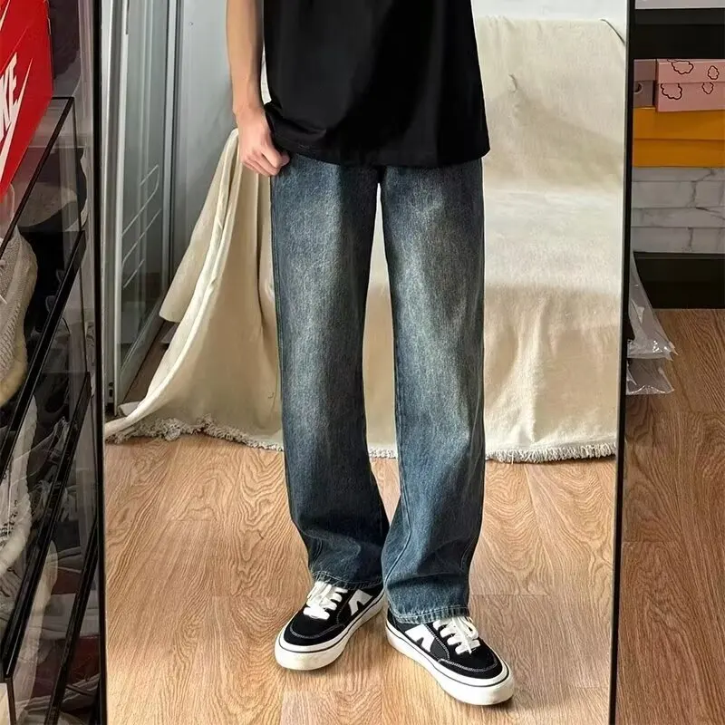 Summer Vintage Washed Distressed Loose Straight Wide Leg Jeans Men's American High Street Casual Denim Trousers