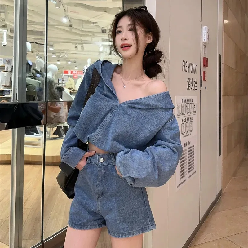 American Vintage Denim Two Piece Set Women Hooded Long Sleeve Top And Shorts Loose Casual Fall Matching Outfits