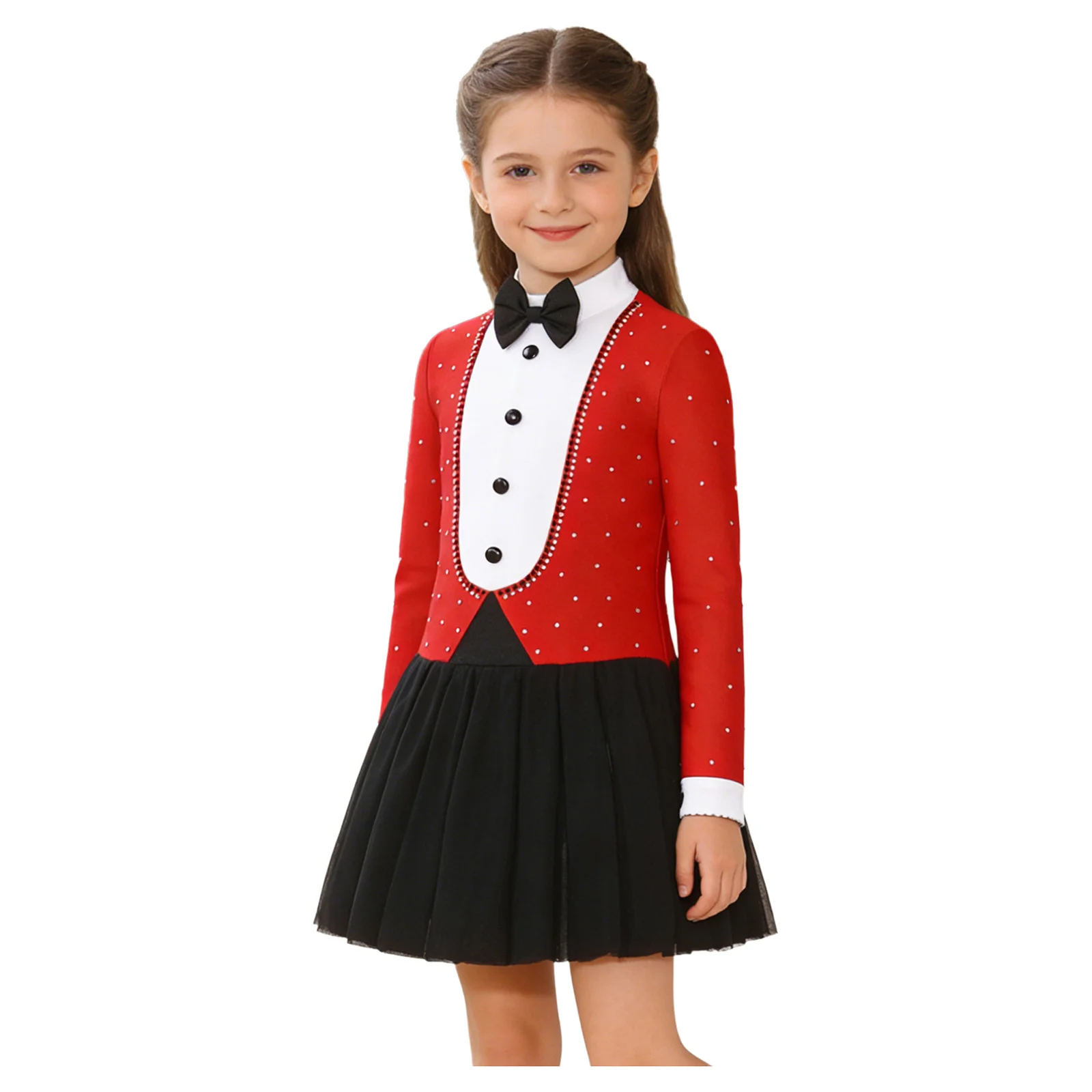 Girls Dress College Style Magician Showman Costume Kids Bowtie Long Sleeves Dress for Halloween Theme Party Stage Performance