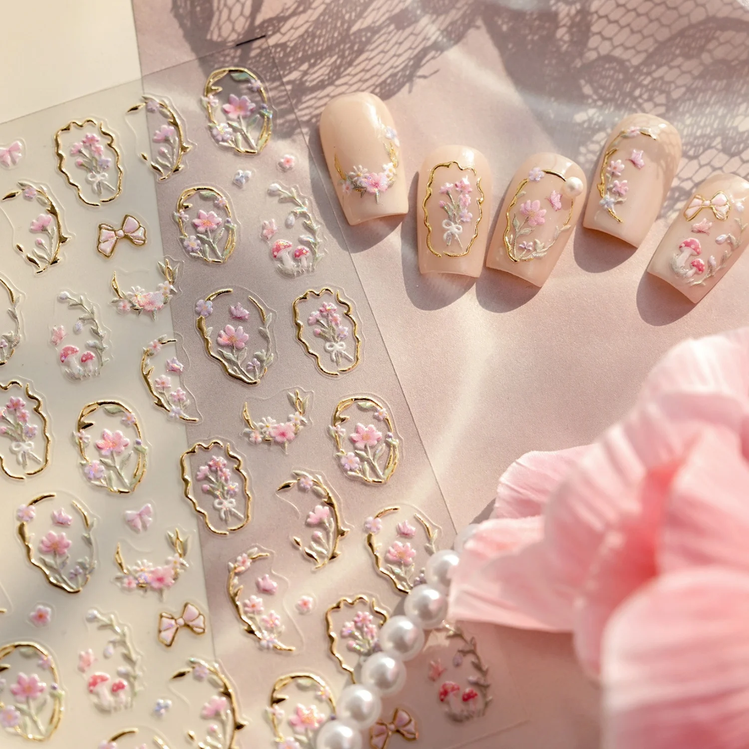 5D Geprägte Goldene Rahmen-Nagelaufkleber Retro Fenster Rosa Blumen Blätter Französischer Vintage Palast-Stil Selbstklebende Maniküre-Dekorationen