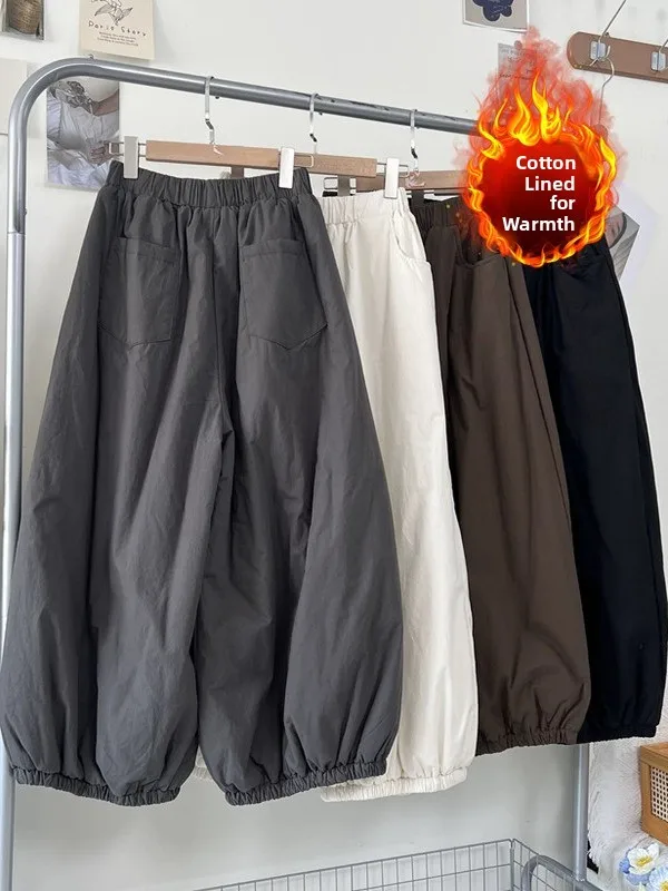 Thened القطن واسعة الساق فانوس السراويل فضفاضة حجم كبير المرأة عارضة السراويل القطنية الدافئة الشتاء Faion مرونة الخصر سولي...