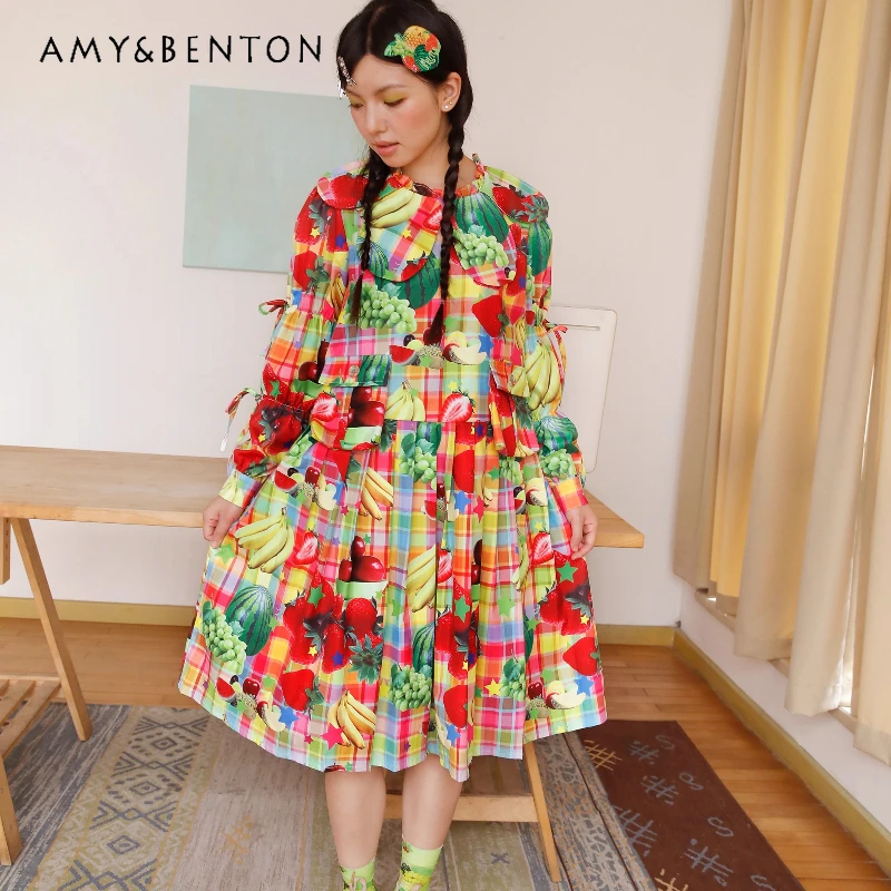 

2025 Autumn New Fruit Print Doll Flower Collar Women's Dress Original Design Sweet Cute Loose Age Reduction Long Dresses Ladies