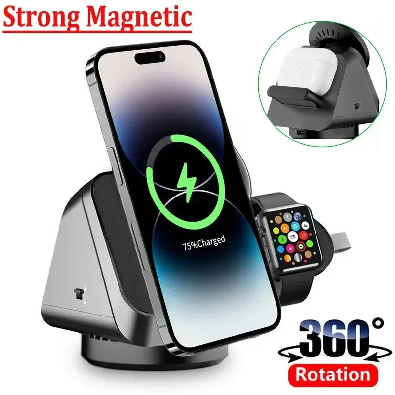 

360° Rotating 3 in 1 Magnetic Wireless Charger Stand Fast Charging Station For iPhone 15 14 13 12 Pro Max IWatch 8 7 6 Airprods