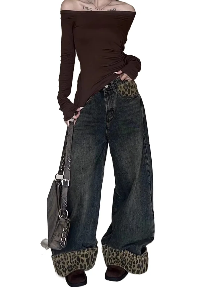 HOUZHOU-pantalones vaqueros con estampado de leopardo Retro americano para mujer, pantalones holgados lavados Vintage Y2k, pantalones vaqueros de calle con retales Grunge