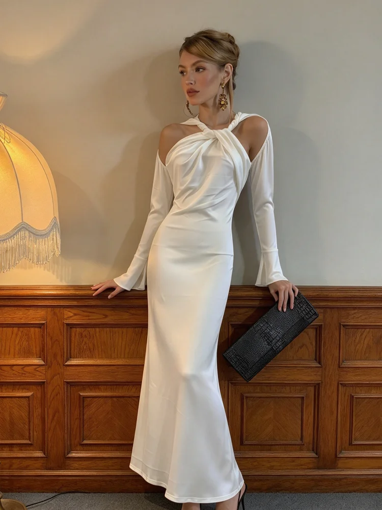 Women Black Twisted Halter Cold Shoulder Long Sleeve Dress, Slim Bodycon Mermaid Maxi Dress With Flared Cuffs