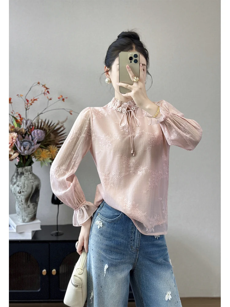 

Ele Pink Lace Base irt Chinese Sle Women's Faion Outerwear Spring 2026 Luxury Sensation Loose Fit Long Sve