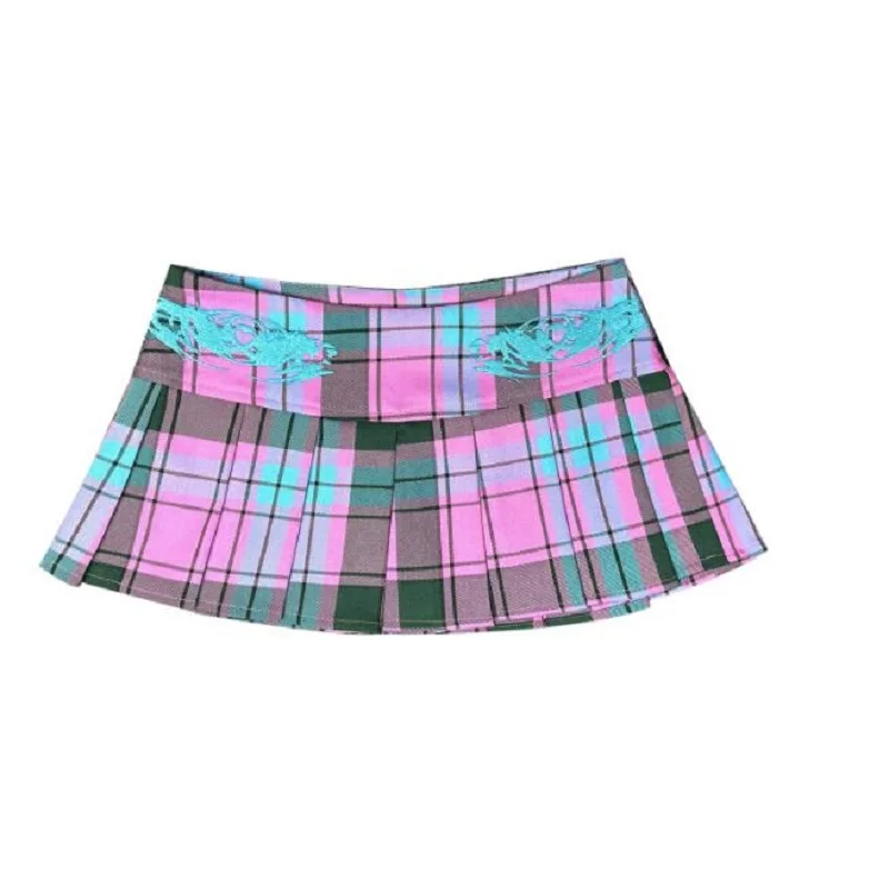 Harajuku Pink Blue Plaid Embroidered Pleated Mini Skirt With Shorts Y2k Girls Preppy Style Women Summer Low Waist JK Short Skirt