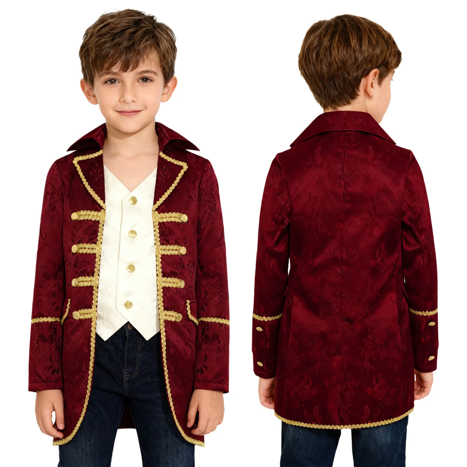 Jongens Middeleeuwse Victoriaanse Slipjas Halloween Steampunk Gotische Uniform Jas Lange Mouwen Goud Trimmen Nep 2-in-1 Jas Uitloper
