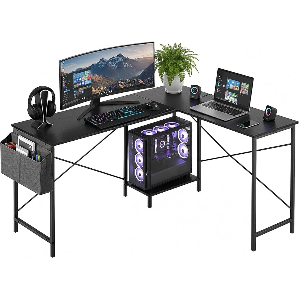 

50-Inch Reversible L-Shaped Desk with CPU Stand & Storage Bag, Sturdy Metal Frame for Home Office Gaming