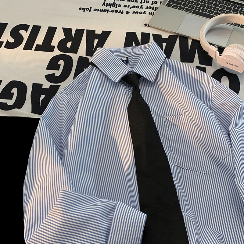 

Loose Fit Striped Long Sve Men's irt Autumn Sle Casual Faion Korean Brand Turn-down Collar School orm irt