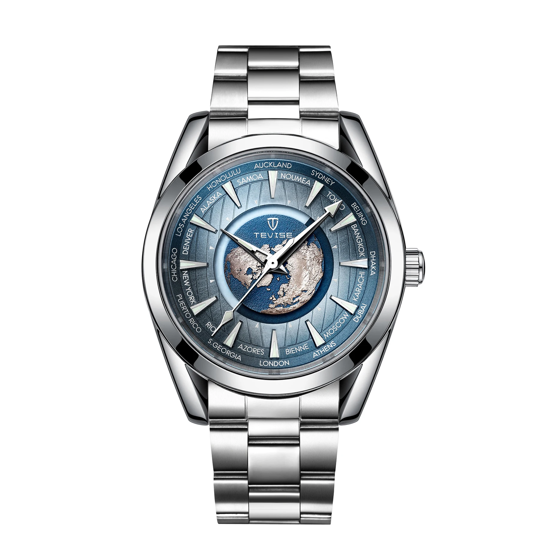 New Men Luxury Automatic Mechanical Watch Stainless Steel Earth Luminous Pointer Waterproof Sports Leather Watch