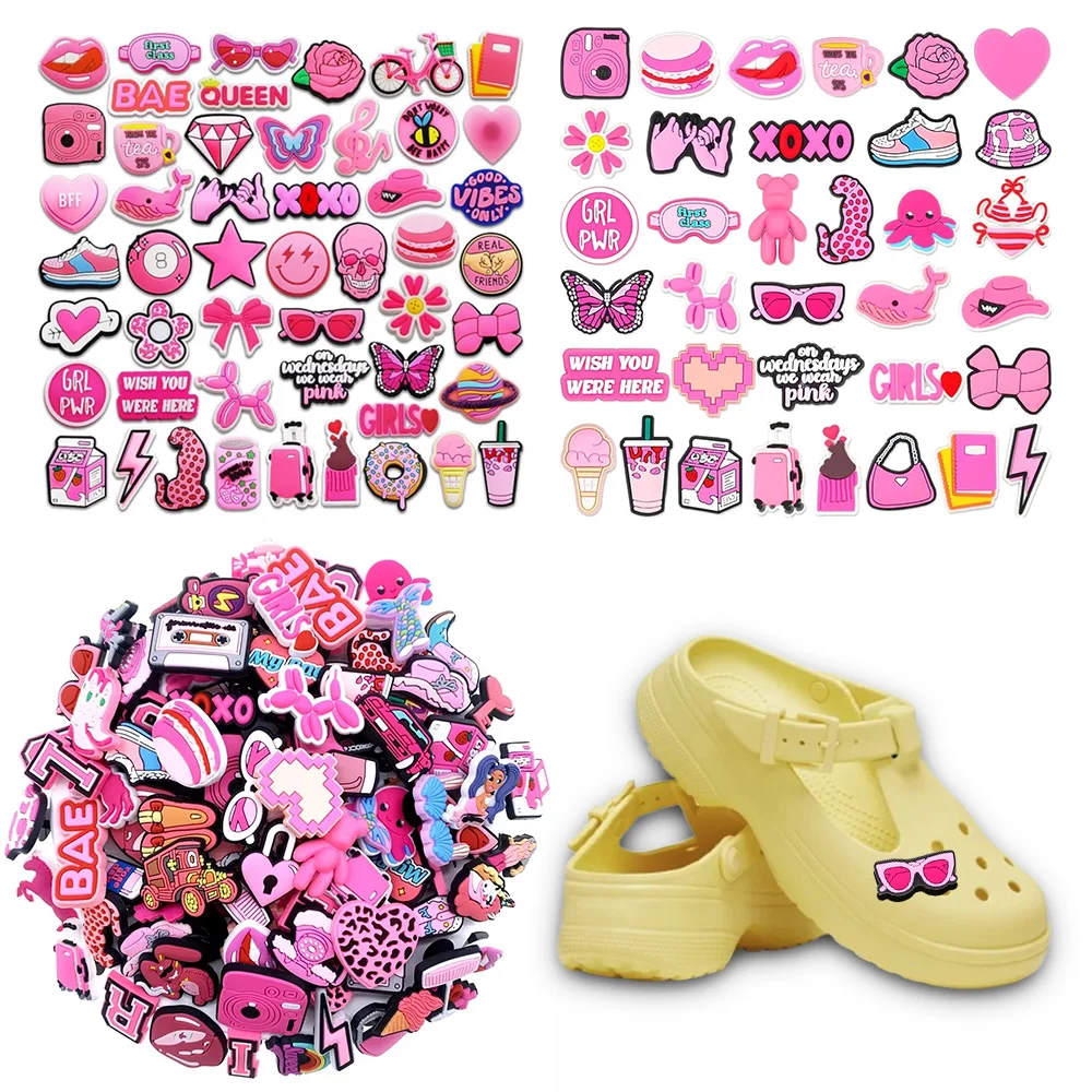 Abalorio rosa aleatorio para niñas, regalo de fiesta, corazón, leche, coche, zapatilla de jardín, accesorios para sandalias Croc, decoración, botón DIY, 10-100 Uds.