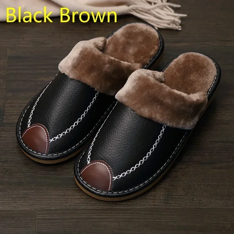 Men Leather Slippers Winter PU Leather Slippers Warm Indoor Slipper Soft Waterproof Home House Shoes Men Warm Leather Slippers