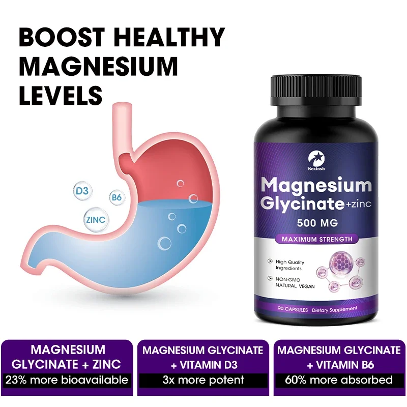 Kexinsh Magnesium Glycinate Capsules Supplement 500mg Magnesium and Zinc Capsules High Absorption Bone Support Health Care