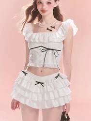 2000s Harajuku Y2k Kawaii 2 Piece Sets Women Summer Hotsweet Bow Tops+Slim Cake Skirt Female Korea Fashion Sweet Y2k Clothing