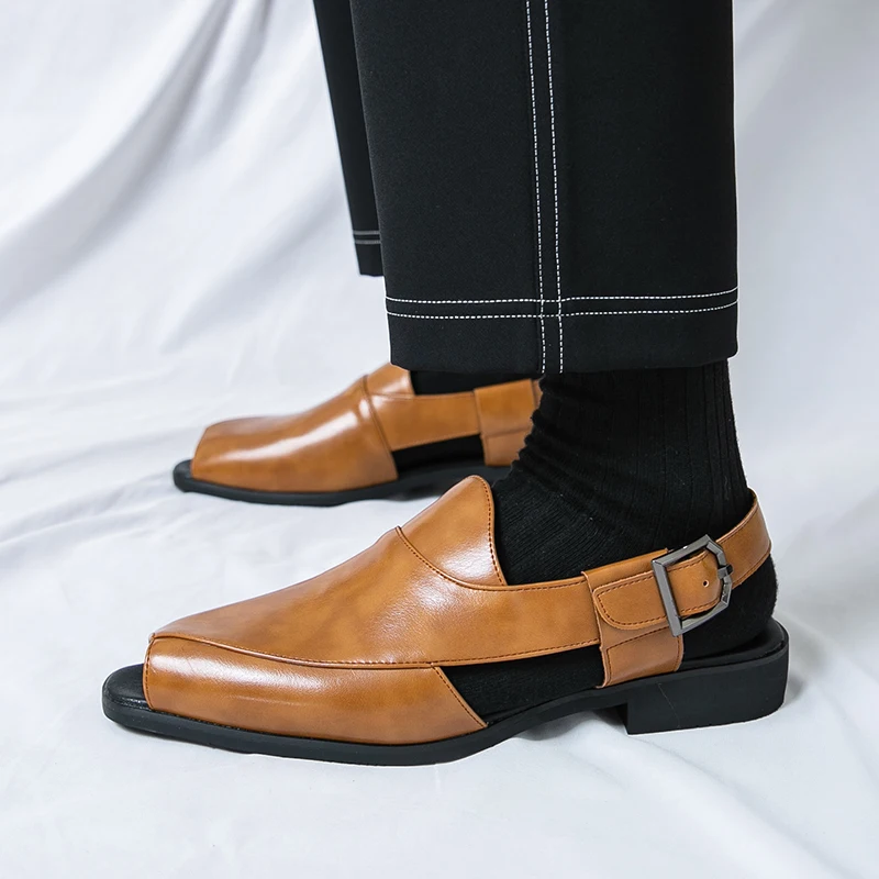 Summer Men's Business Pointed Leather Sandals Sizes：38-46 Convertible Back Strap  Flat Platform All Match Daily Outdoor Loafers