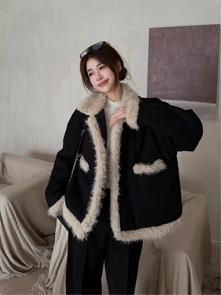

Корейское женское пальто из меха ягненка, свободное теплое зимнее пальто, длинный хлопковый жилет с застежкой на пуговицы, элитный ощущение