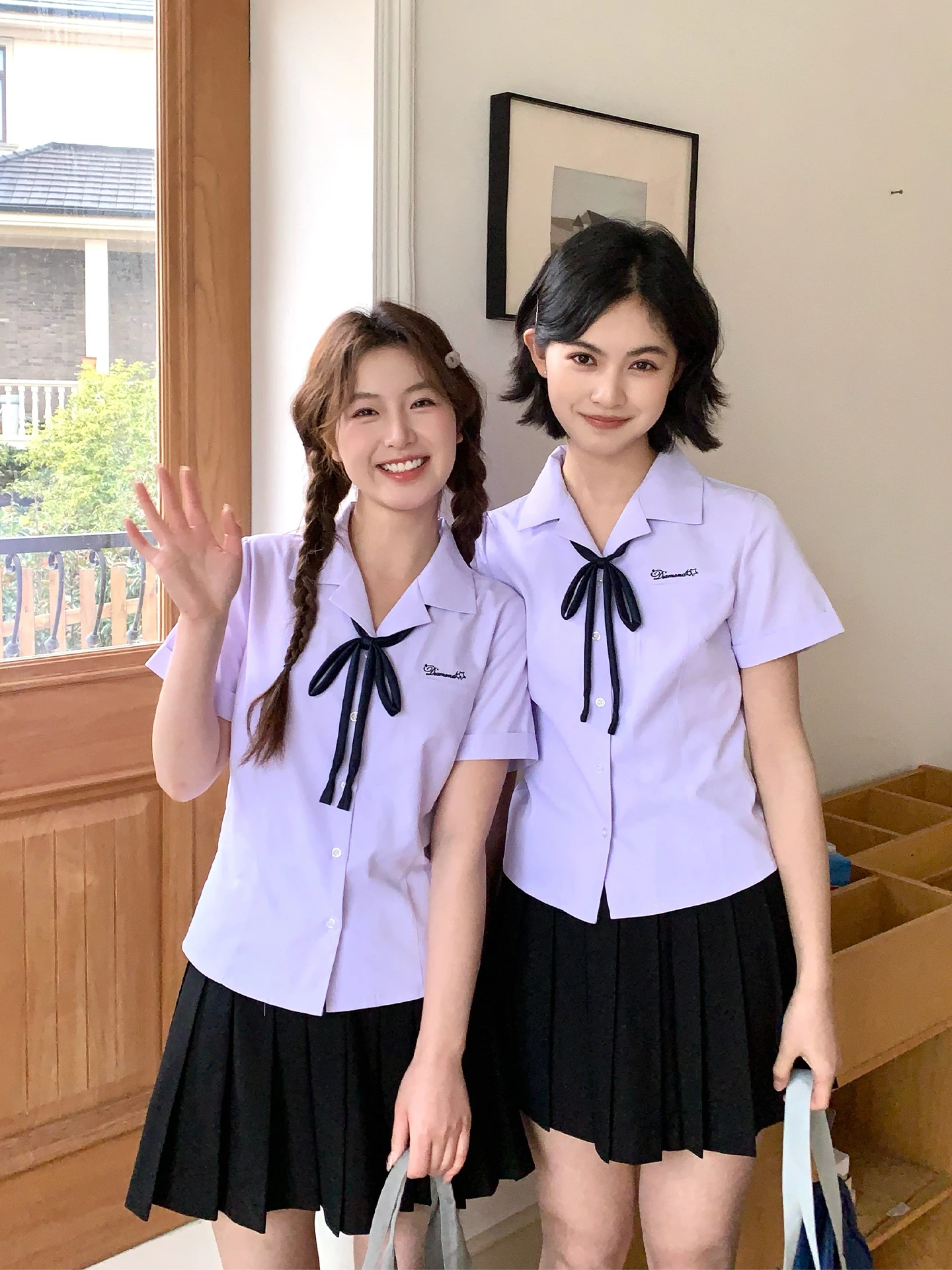 

Tokyo Annual Record JK Uniform Short Sleeve Shirt Women Summer School Style Purple Embroidery Top Student Set Polyester Fiber