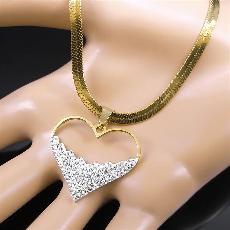 Crystal Love Heart Pendant Necklace Choker for Women Stainless Steel Gold Color Blade Chain Necklaces Jewelry Valentines Gifts