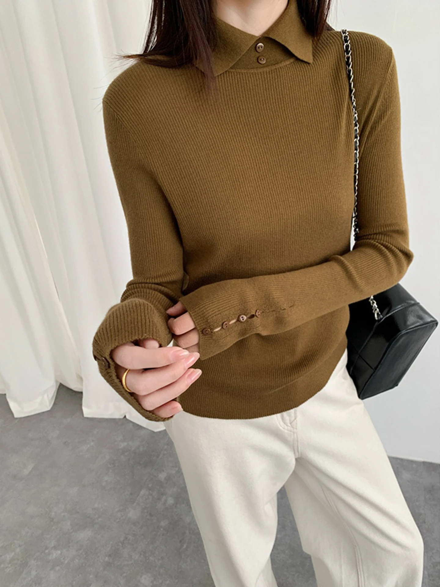 Unique Long Sve Knitted Sweater Neline Pure Color Base Layer Top Korean Sle Simple Design Autumn Winter Faion Women'...