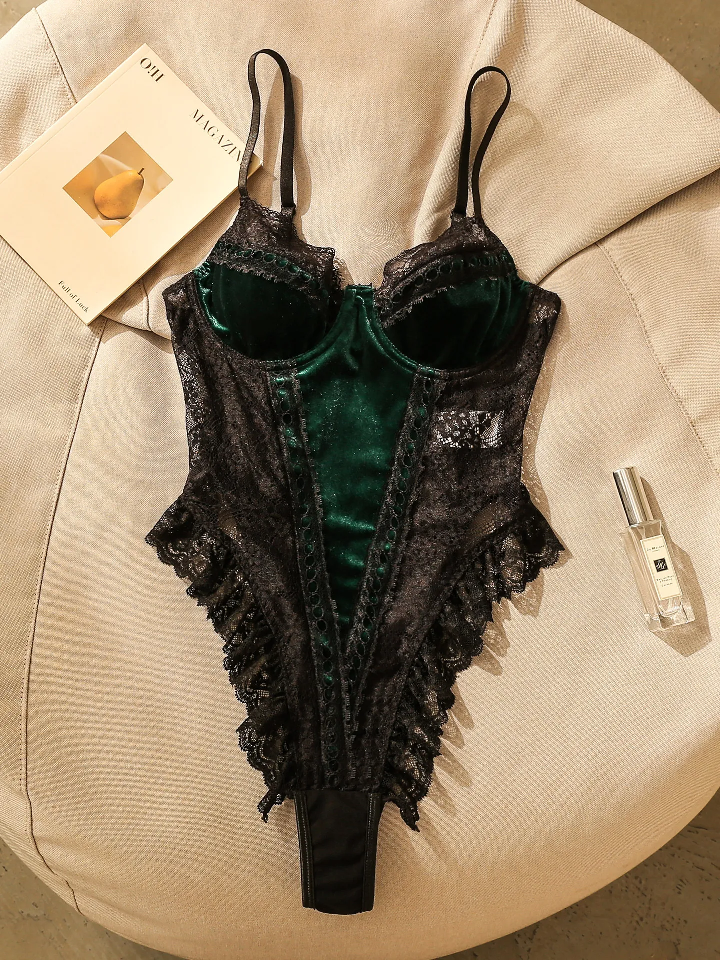 

Sexy Velvet Lace Strap Onesie Women's Winter Inner High-End Feeling Base Design Sense Jumpsuit Commute Sle Low Waist orts