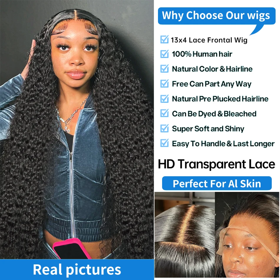 Kinky Curly Lace Frontal Wig para Mulheres, Perucas de Cabelo Humano, Brasileiro, Profundo, 4x4, 13x6, 360 Lace, 30 ", 36", 4x4 Closure