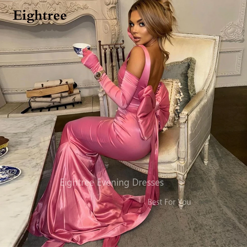 Eightree Chic Pink Evening Dresses Square Collar Sexy Party Prom Night Occasion Gowns Bow Back Formal Dress Sleeveless Vestidos