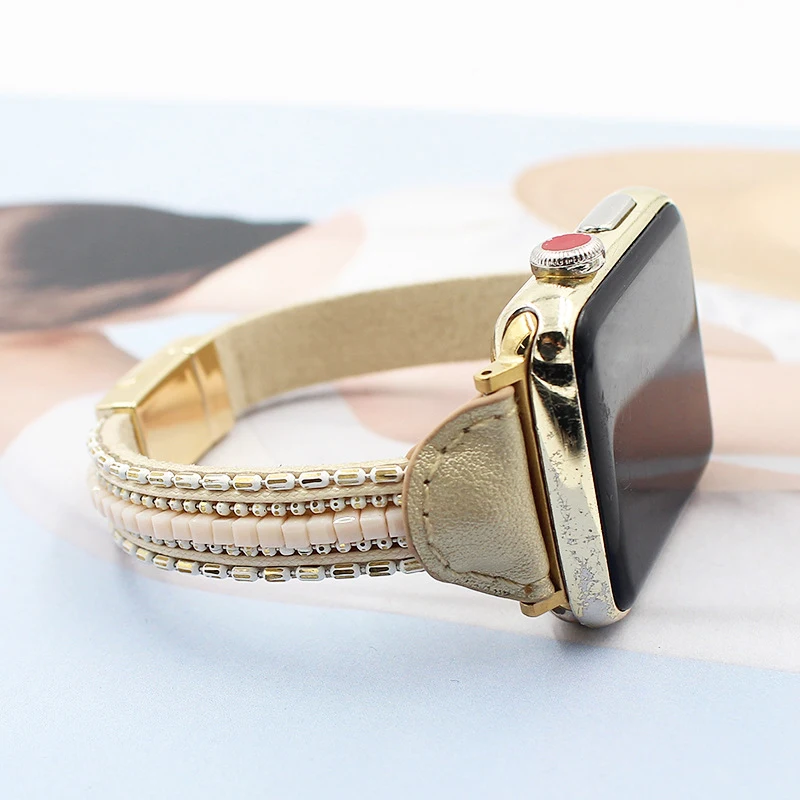 Leather Strap For Apple Watch band 44mm 40mm 42mm 38mm bracelet belt smart watchband iwatch series 6 5 4 3 se 7 45mm 41mm beads
