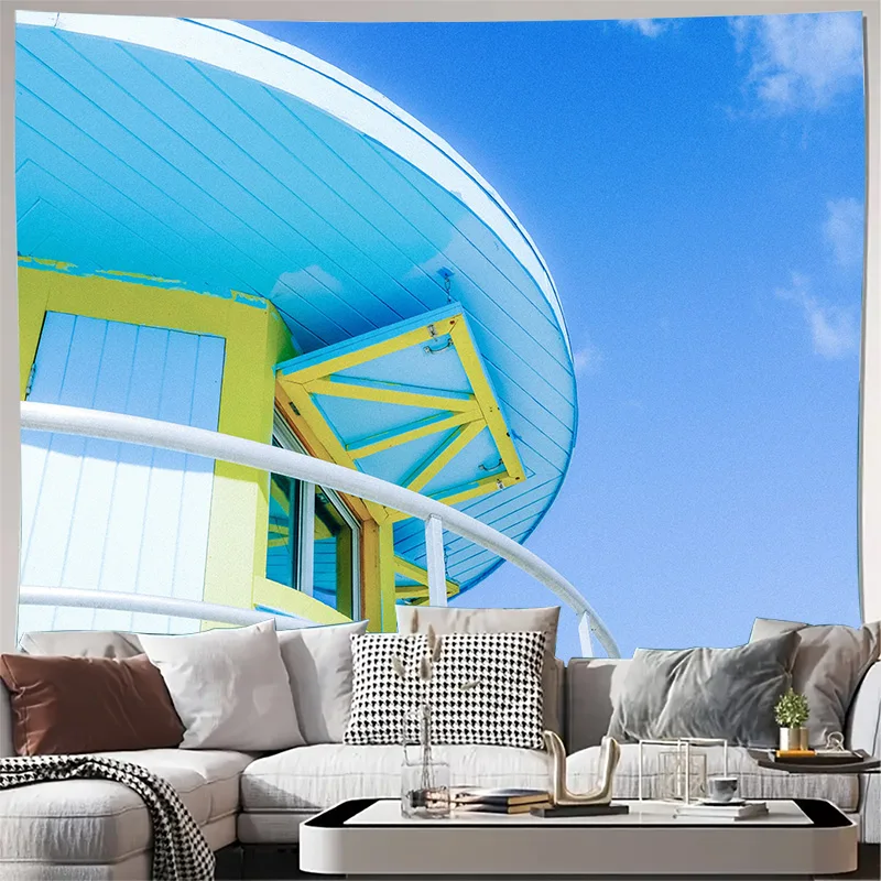 Bright Blue and Yellow Art Deco Lifeguard Tower with Curved Roof Tapestry Machine Washable All Season Decor Home Quick Setup