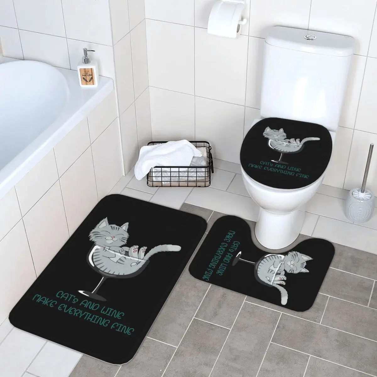 

Cat's And Wine Make Everything Fine Forest Cat 3-х шт. Коврик для ванной Набор для ванной комнаты Крышка для унитаза Домашний декор Нескользящий ковер Напольный коврик