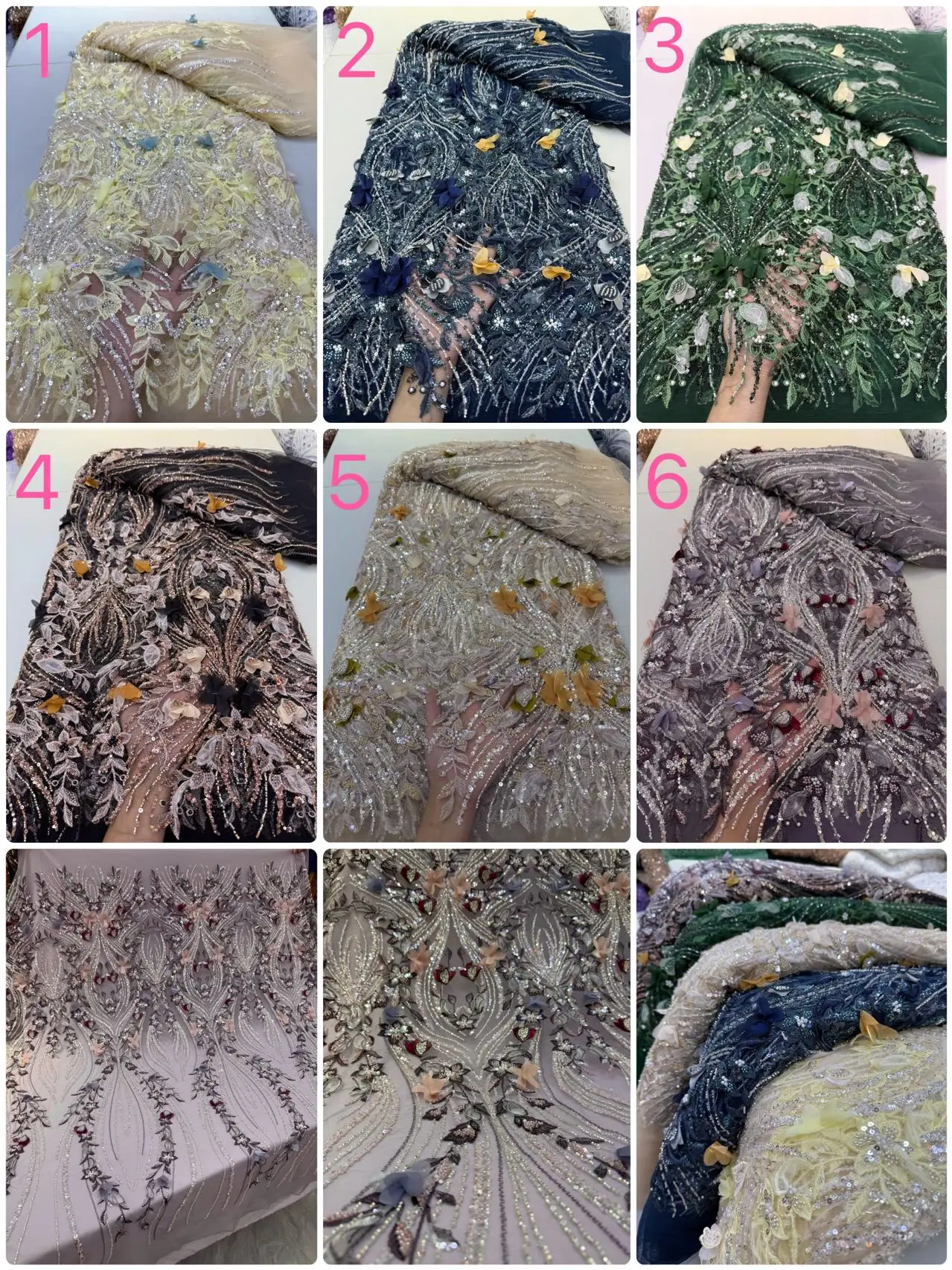 Tessuto di pizzo con perline fatto a mano africano con ricamo floreale 3D 2025 Tessuti di pizzo netto con paillettes francesi nigeriane per abito da sera