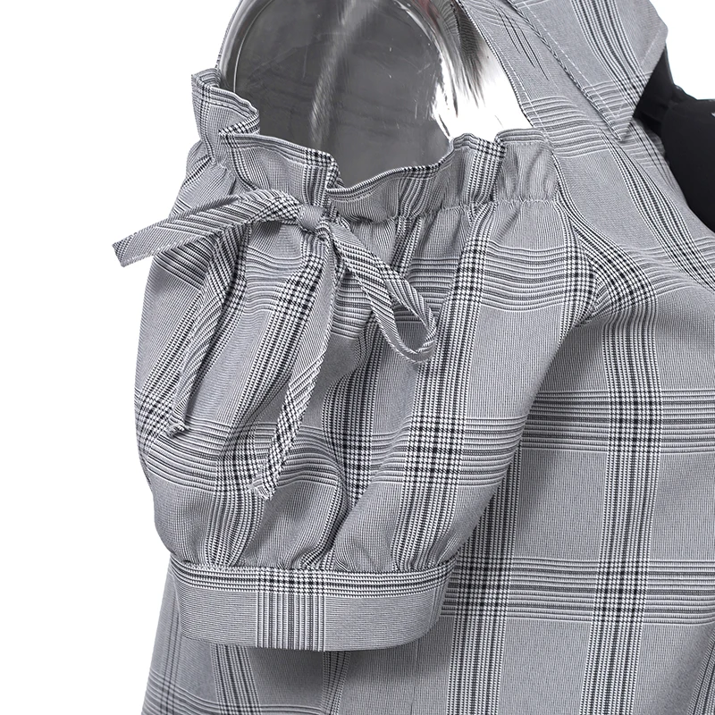 Japanese Style Mass-Produced Polo Collar Off-Shoulder Puff Sleeve Blouse Sweet Cute Versatile Lace-up Bow Plaid Shirts Top Women