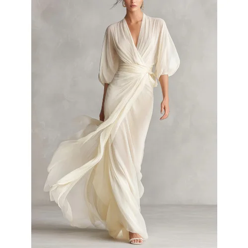 

2026 European and American socialites deep V-neck shoulder lantern sleeves waist long dress