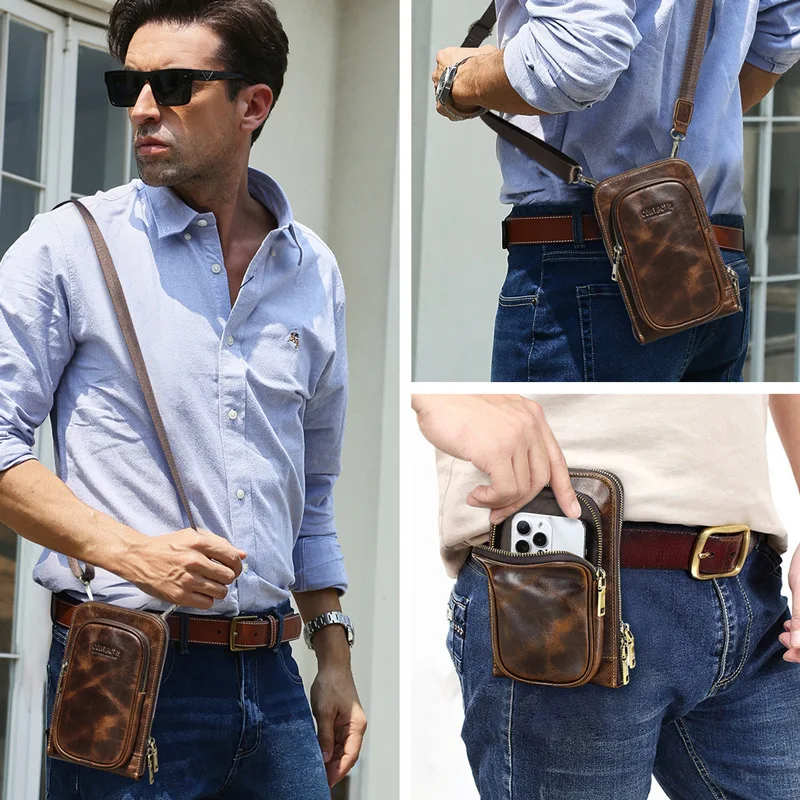 

Мужская кожаная сумка через плечо для мобильного телефона в стиле ретро, многофункциональная кожаная поясная сумка, многофункциональная вертикальная квадратная сумка