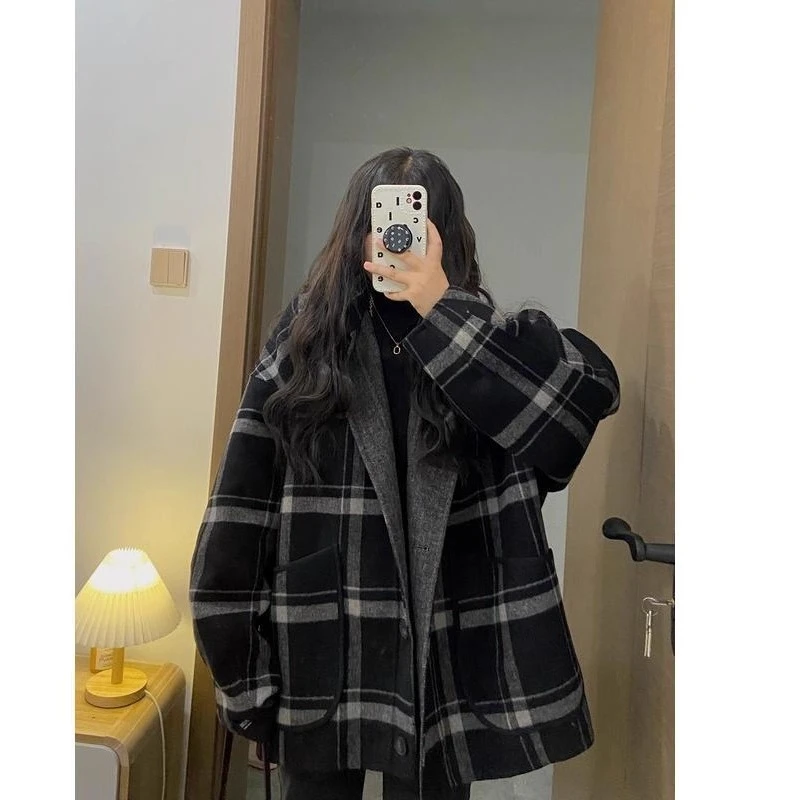 

Мужское шерстяное пальто большого размера в стиле ретро, свободного кроя, в корейском и японском стиле, теплое, в клетку, многофункциональное, осенне-зимнее, модное